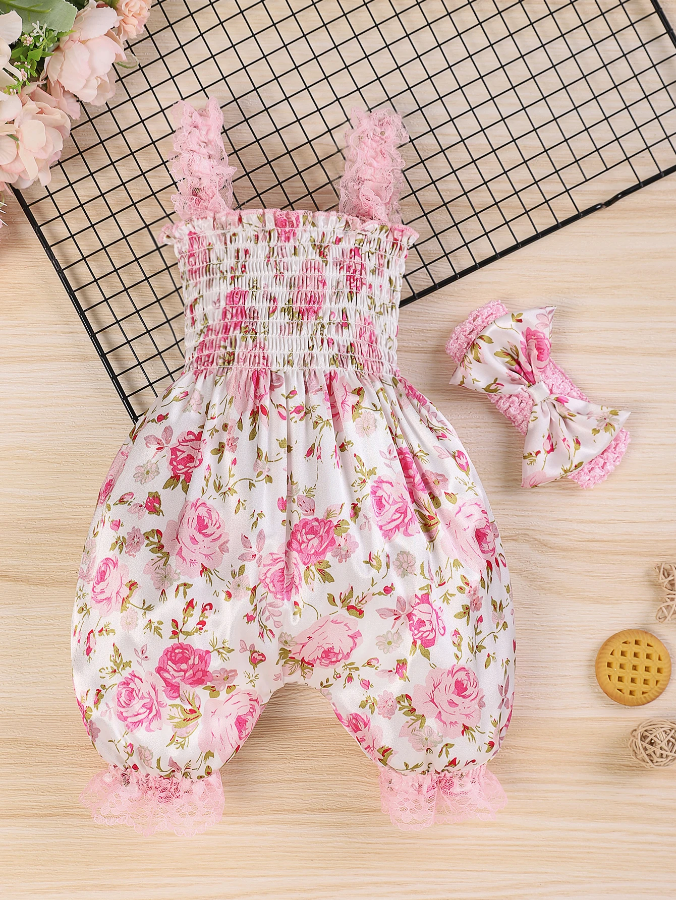 Baby Girls Floral Romper Set, Sleeveless Lace Trim Jumpsuit + Matching Bow Headband, 2pcs Outfit
