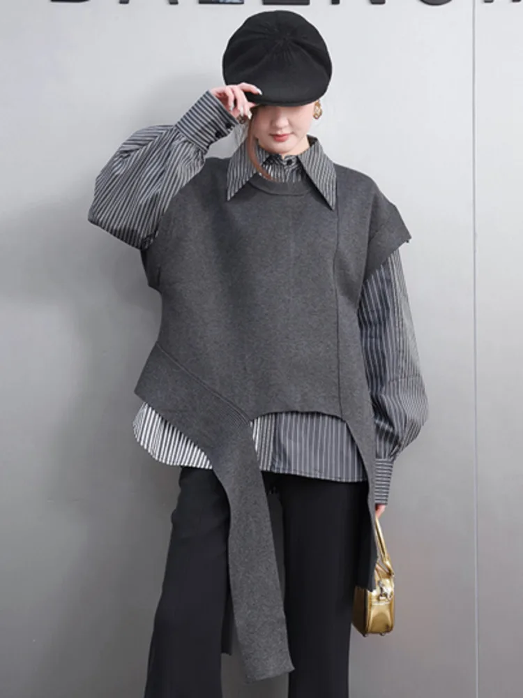 SHENGPALAE 2025 Spring New Items Knitted Long Sleeve Shirt Two Piece Set Women Turn Down Collar Stripe Fashion Clothing 5ZD1205