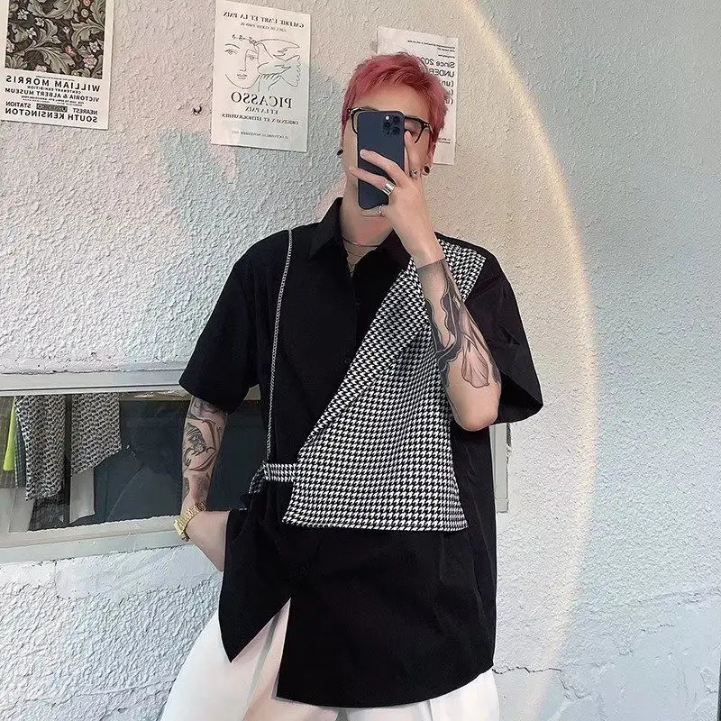 Men's Fake Two Piece Patchwork Korean Blouse Polo Neck Loose Youth Street Casual Shirt Tops Fashion Trend Men Clothing Summer