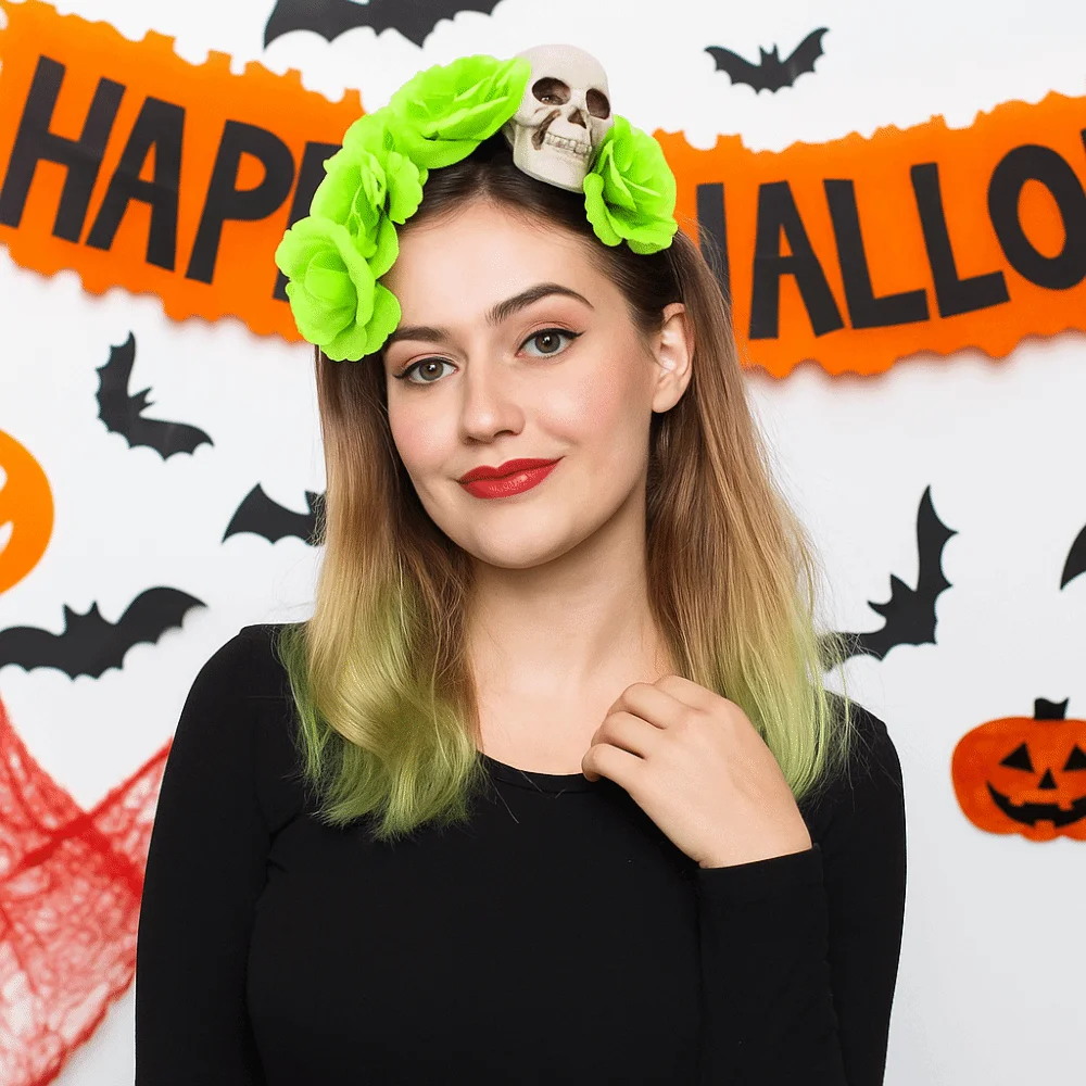 مبالغ فيها الجمجمة رئيس عقال محاكاة زهرة ملونة هالوين الشعر هوب هالوين ديكور مضحك القوطية زهرة هيرباند