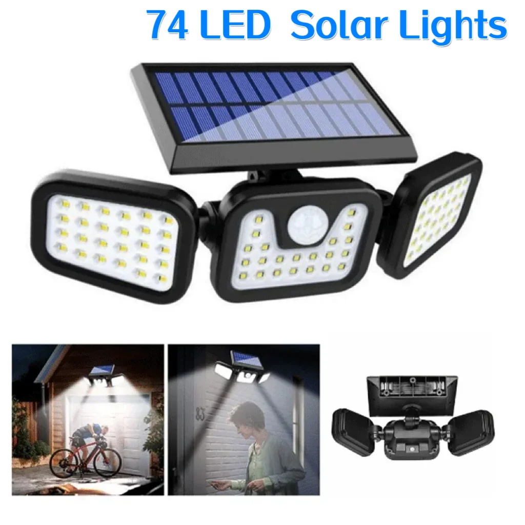 

74 светодиодный солнечный светильник безопасности с датчиком движения, солнечный прожектор, 3 режима, водонепроницаемый уличный солнечный настенный светильник для двора, сада, гаража