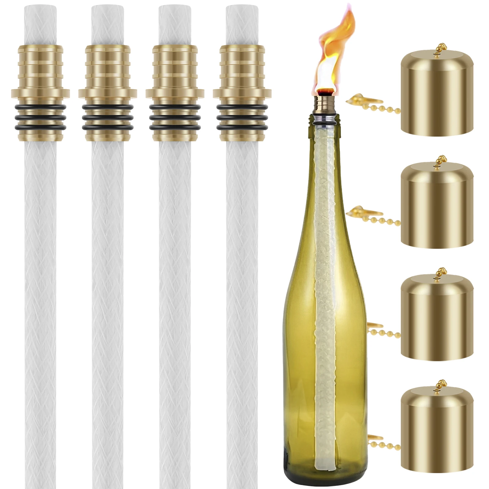 12Pcs Wine Bottle Torch Kit Garden DIY Wine Bottle Torch Décor with 4 Torch Wicks 4 Brass Torch Wick Holders and 4 Brass Covers