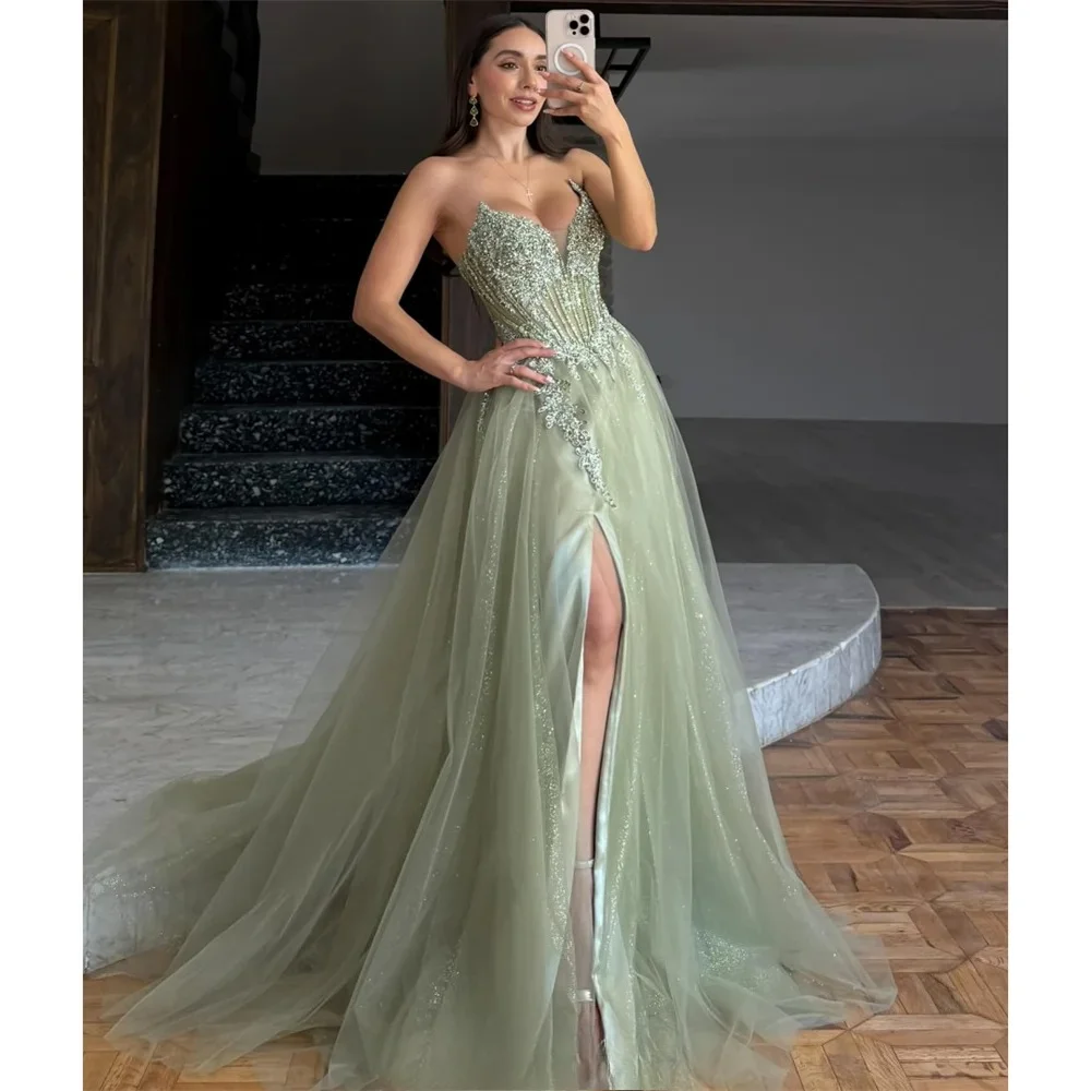 

Light Green Embroidered V Neck Prom Dress Side High Split Tulle Vestidos De Noiva Customize A-line Floor-length Graduation