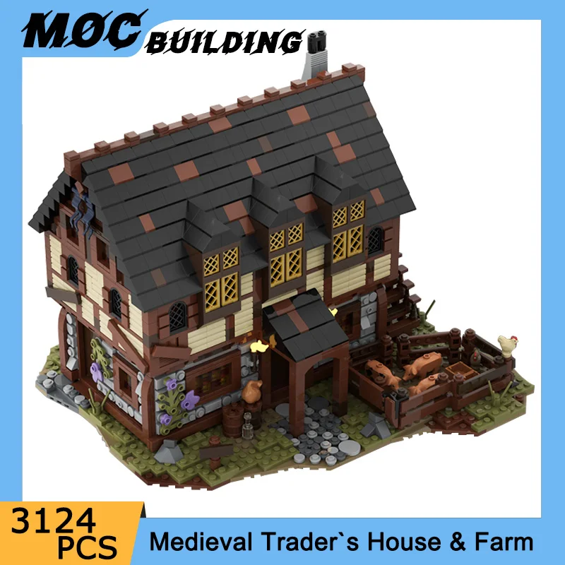 MOC Building Blocks Medieval Trader Farm House Model City Yard Cottage DIY Assemble Bricks Toys Creative Collection Xmas Gifts