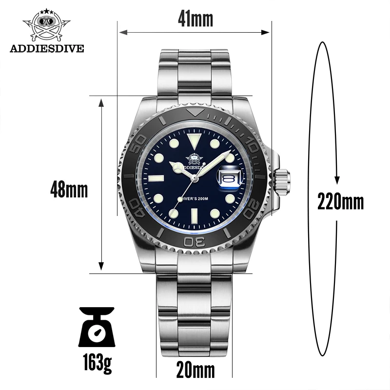 ADDIESDIVE-relojes analógicos luminosos para hombre, pulsera de cuarzo de acero inoxidable, resistente al agua hasta 200M, con calendario, para negocios