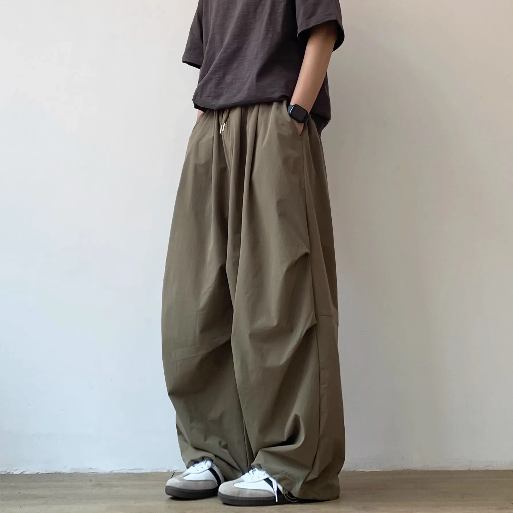 Summer Japanese Style New Fashion Men's Solid Color Loose Wide Leg Casual Trendy Drawstring Trousers Male Simple Basic Pants