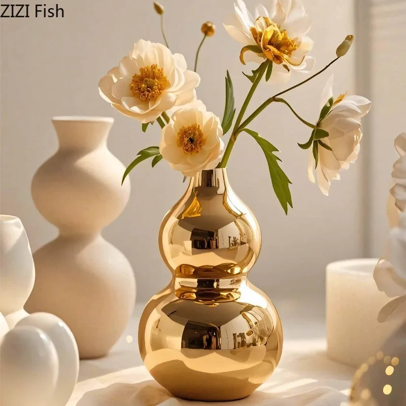 Golden Silver Gourd Ceramic Vase Desktop Ornament Flower Vessel Small Mouth Decorative Vases Hydroponic Vase Flowers Arrangement