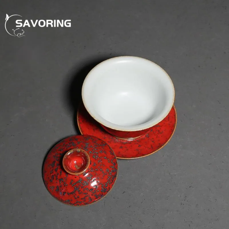 125ml Handmade Ru Kiln Ceramic Gaiwan Creative Klin Change Red Rust Tea Bowl with Saucer Kit Tea Tureen Tea Brewing Cover Bowl