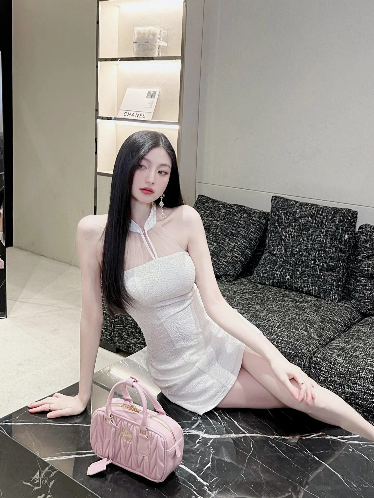 

Шикарное китайское платье с открытыми плечами и длинными рукавами, облегающее, женское, сексуальное, в стиле Pure Desire, с завязками на шее, розовое, белое, Du...