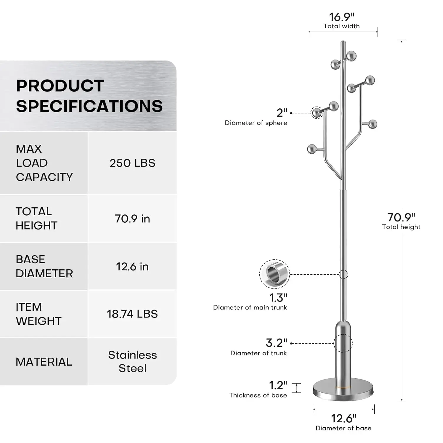 Coat Rack Freestanding Metal Coat Tree with 8 Metal Hooks | Heavy Duty Standing Coat Rack, Stainless Steel Marble, Customized