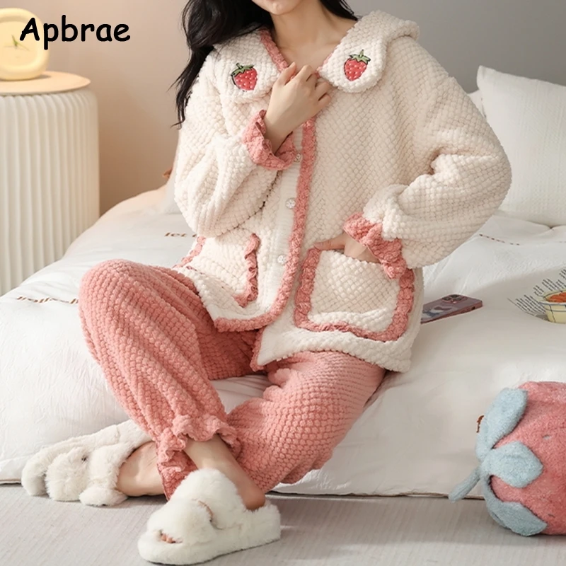 

Apbrae Winter Women Plush Velvet Pajamas Kawaii Girl Korean Pyjamas Leisure Long Sleeves Lapel Sleepwear Women's Warm Pijamas