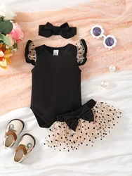 Black Temperament Baby Girl Three-Piece Set Gauze Polka Dot Design Sense Of Small Skirt + Solid Color Round Neck Triangle Dress