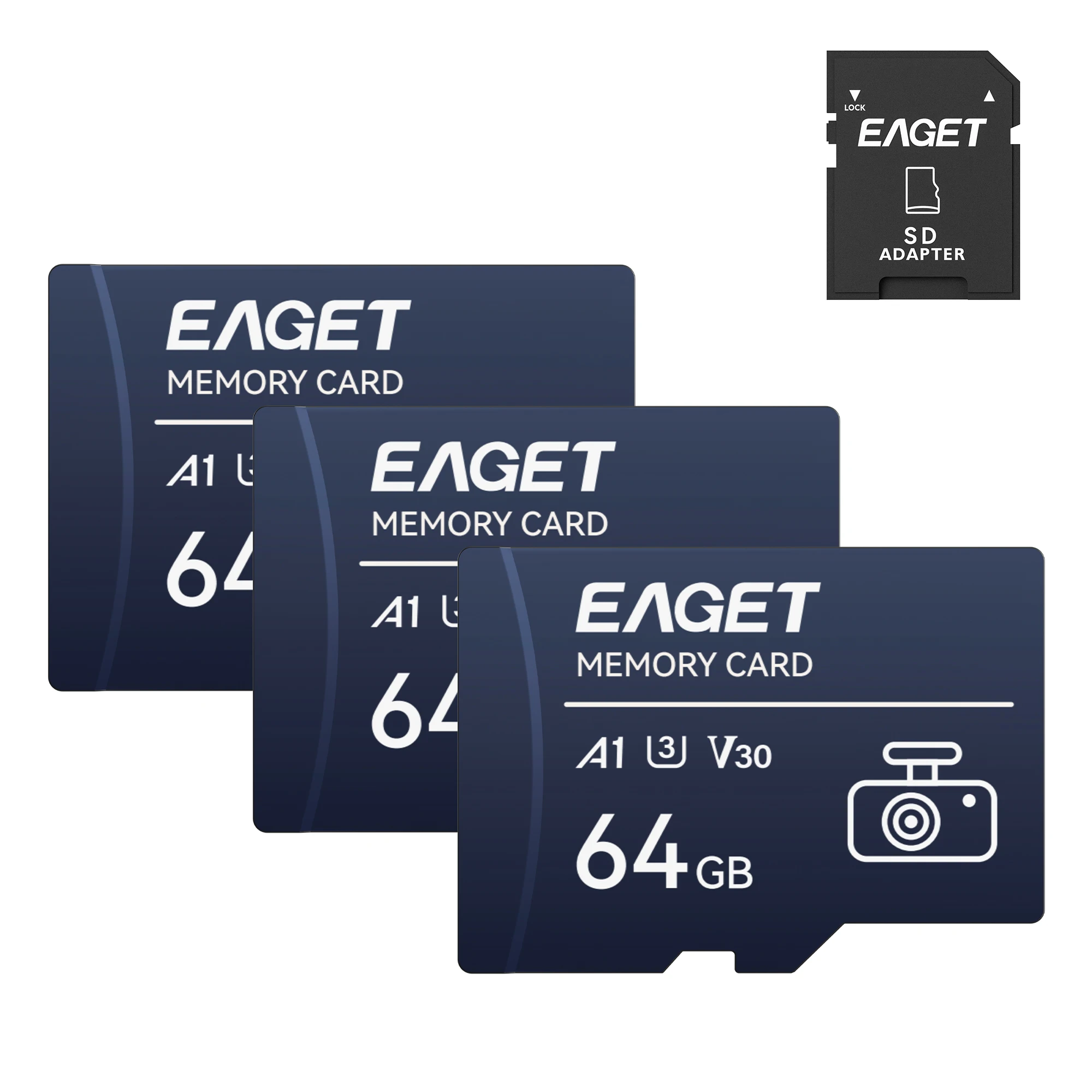 EAGET TF SD Card A1 U3 V30 32GB 64GB 128GB With SD Adapter Single or 3‑Pack Memory Card for Dashcam Action Camera Drones