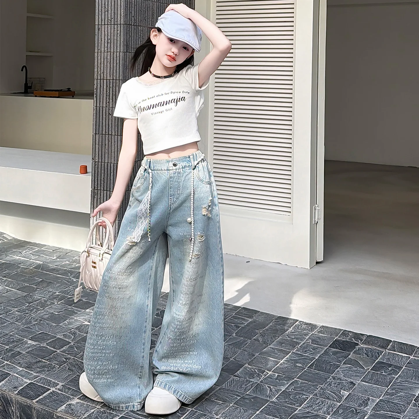 Fashion Girls Wide-Leg Jeans Casual Loose Fit Denim Pants Letter Print Ripped For Child Teenage Girls 4-14Years Spring Summer