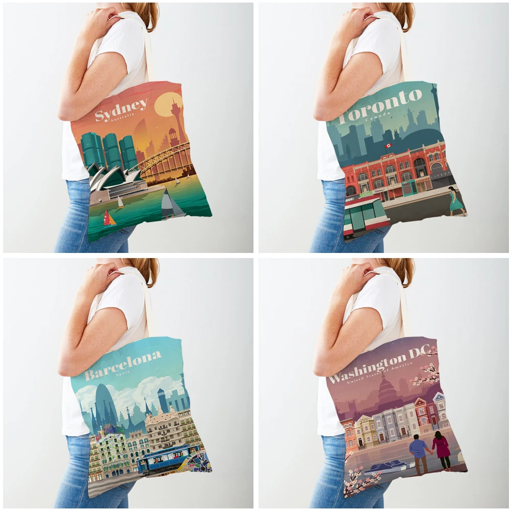 Fashion City Map London New York Paris Spain Shopper Bags Tote Lady Handbag Double Print Casual Canvas Women Shopping Bag