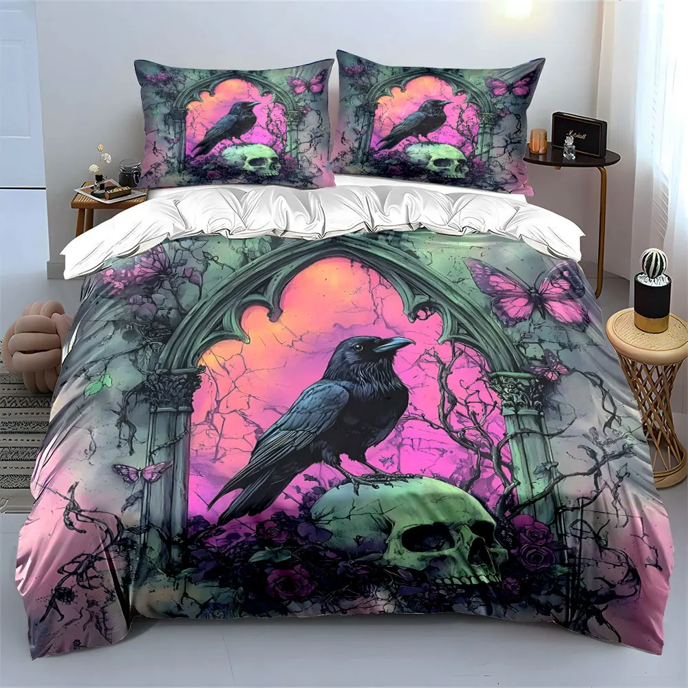 A raven on a skull surrounded by flowers and butterflies Bedding set 3PC 1duvet cover 2pillowcases adult children bedding set