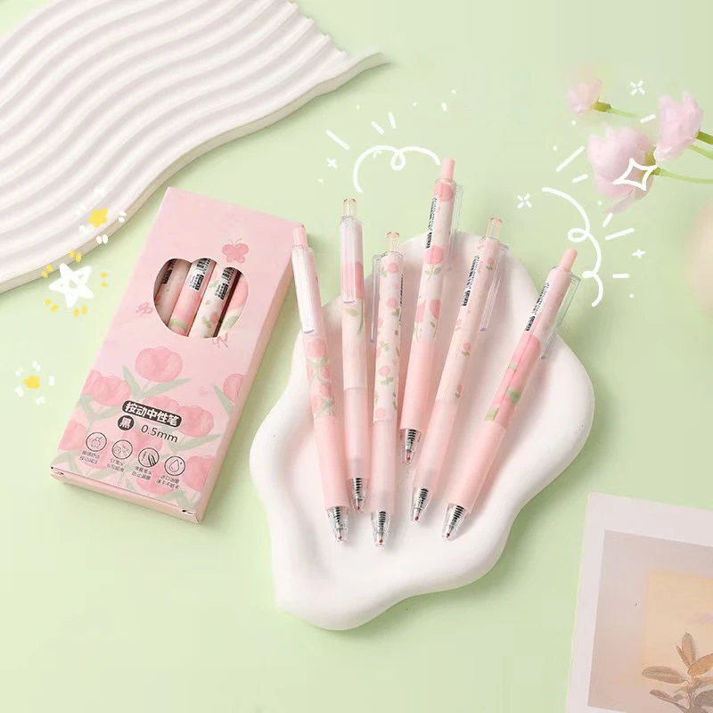 

6Pcs Cute Pink Tulip Gel Pen Elegant Simple Pressing Neutral Pens Kawaii Pen Set School Supplies Aesthetic Stationery Gifts