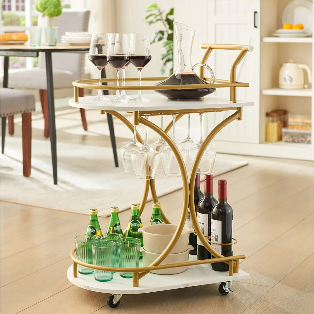 2-Tier Bar Cart,Gold Wine Cart with Wine Rack & Glass Holder,Mobile Bar Serving Cart,for Party,Home,Rolling Drink Trolley