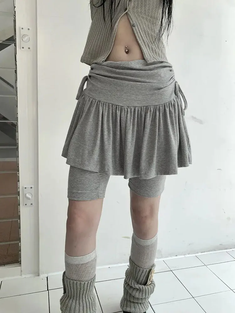 

New Skirt Women Simple Solid Folds Drawstring Bandage Elastic Waist A-line Mini Skirts Shorts Y2k Aesthetic Streetwear