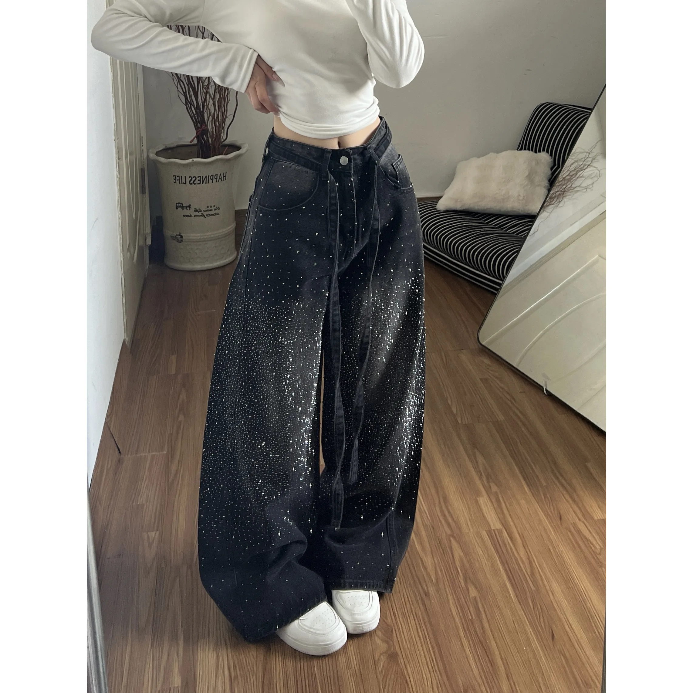 Oversized Rhinestone Jeans for Women Spring/Summer New High Waist Loose Shiny Wide Leg Pants Fashion Niche Design Denim Pants
