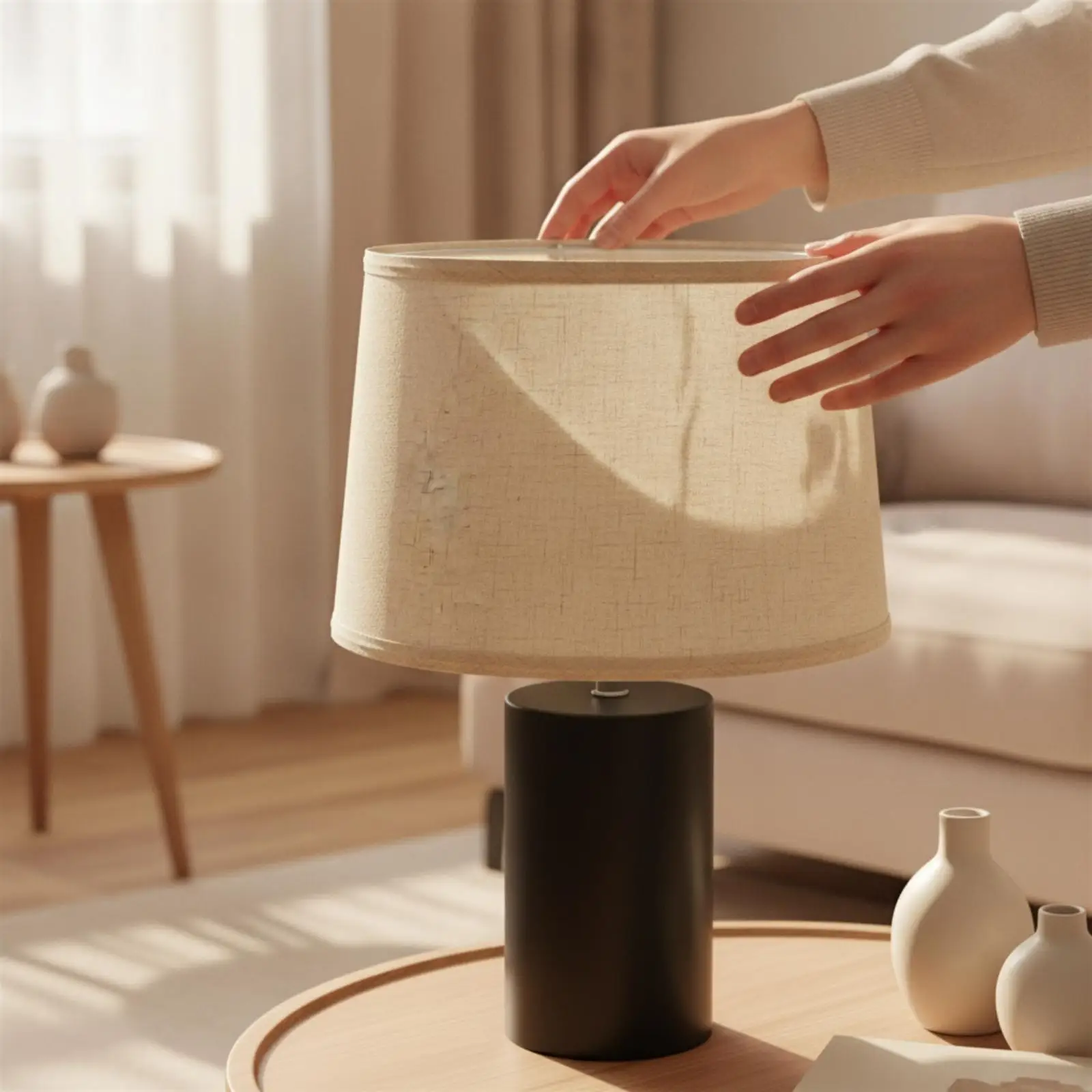 White Cloth Lampshade for Table Lamp Round Shape with Foldable Frame Replacement for Vintage Style Decor