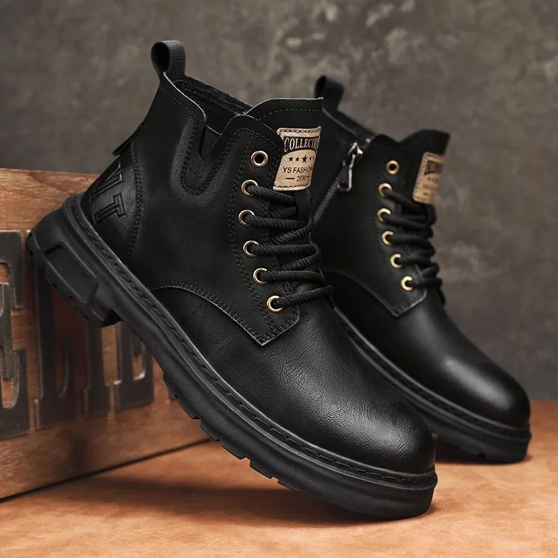 

Hot Sale Leather Ankle Boots For Men British Style Lace-up Men's Boots Classic Black Motorcycle Boots Men High Top Bikers Shoes