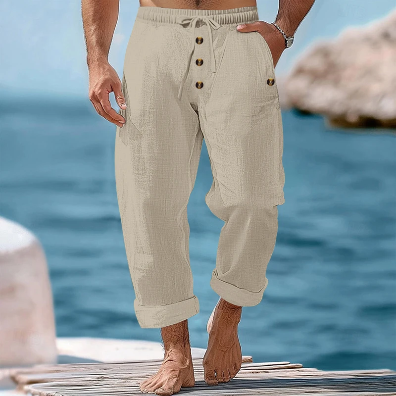 Vintage Buttoned Drawstring Cotton Pants Mens Seaside Beach Casual Breathable Loose Trousers Autumn Men Fashion Straight Pants