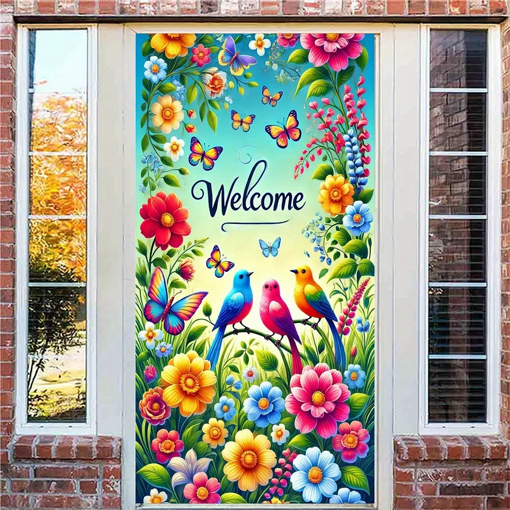 Bannière de porte plate 2D 1 ressort et Pâques - polyester, motif d'oiseau et de fleurs colorées, adaptée à la décoration de bienvenue d'entrée