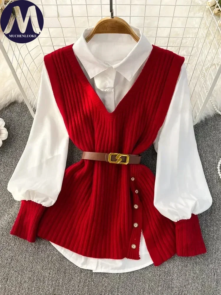 Camicia e camicetta con risvolto a maniche lunghe Camicia bianca Top alla moda Cintura con scollo a V Gilet lavorato a maglia, Casual, Primavera, Autunno Nuovo, Set da 2 pezzi