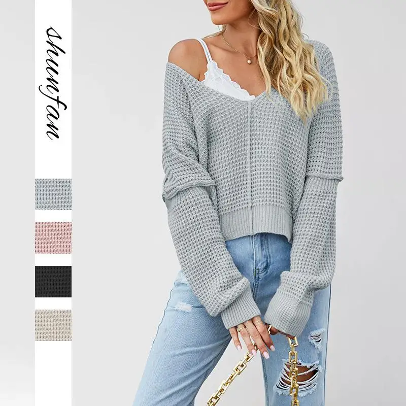 

Autumn Winter Women's Cross-Border Knitted V-Ne Pure Color oulder Bared Long Sve PU Coat Ele Faionable