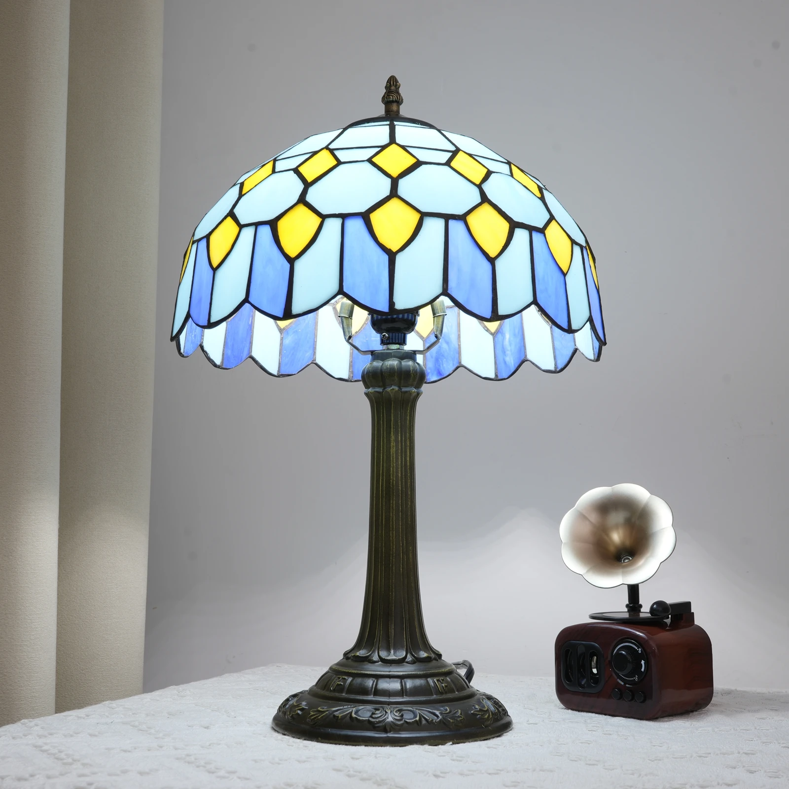 Blue Baroque Table Lamp Stained Glass Reading Desk Light for Bedroom Living Room, Handcrafted Artwork for Home Office