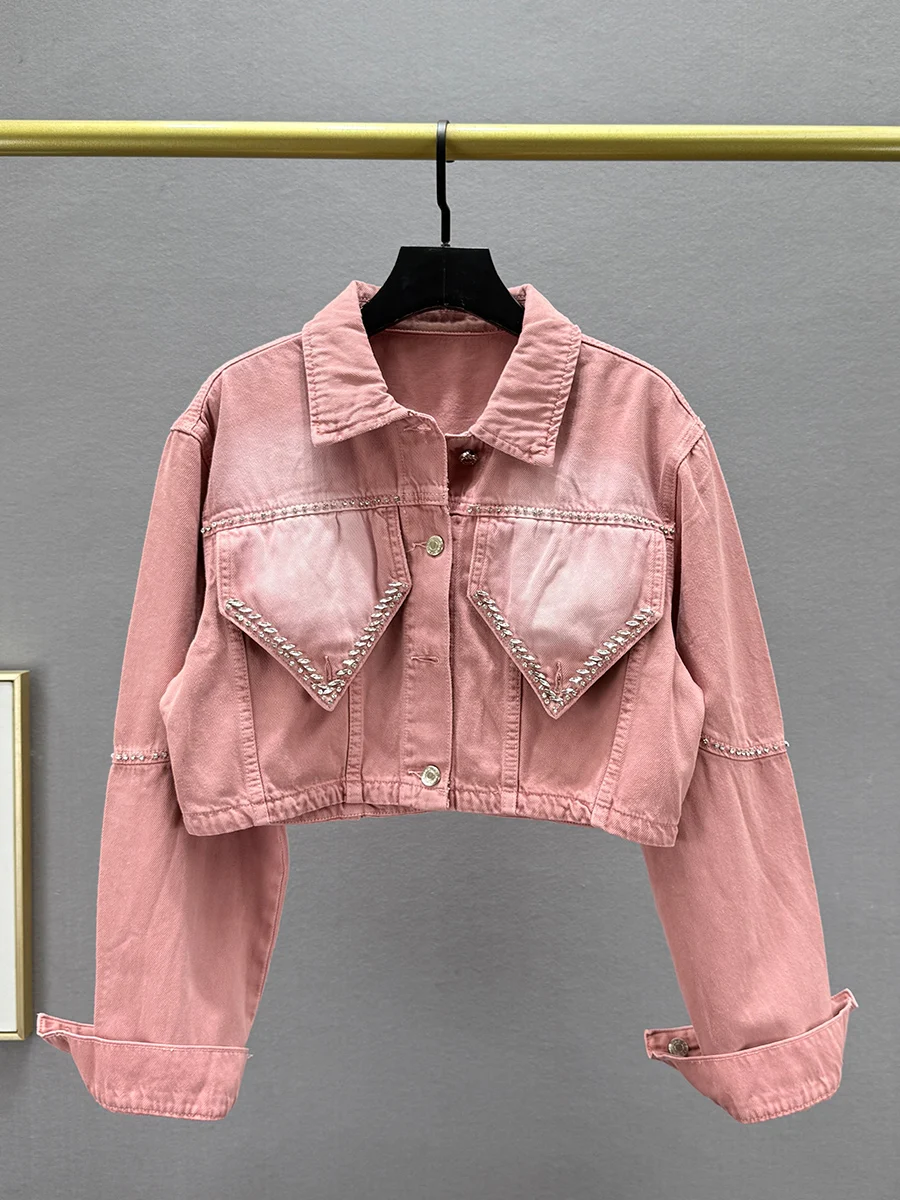 

Slim Fit Diamond Embellied Denim ort Jaet Women's Spring 2025 New Sle Long Sve Collar Trendy Streetwear