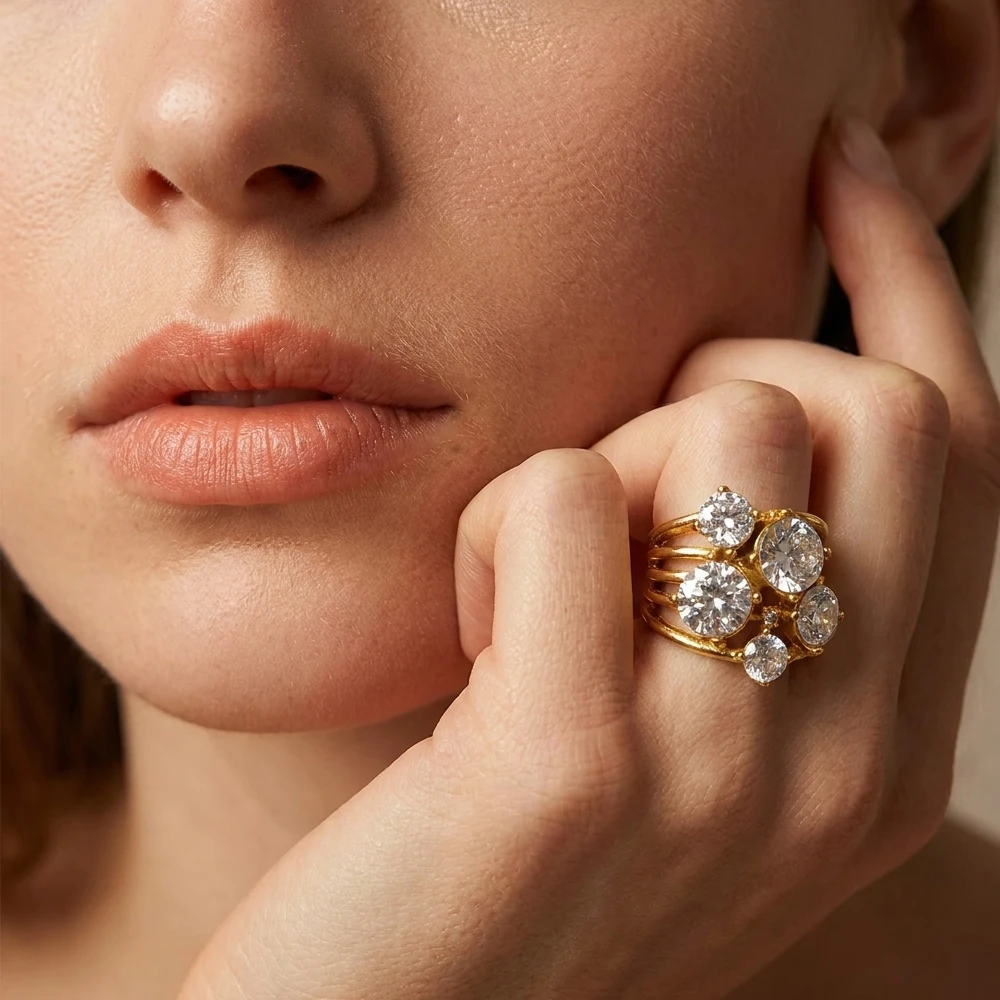 

Luxury Multi-layer Zircon Stainless Steel Rings for Women Gold Color Wide Chunky Ring Sparkling Engagement Party Jewelry Gift