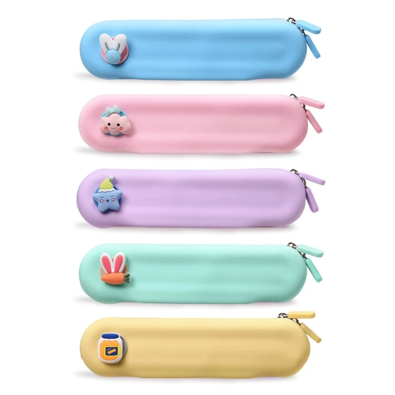 Silicone Pencil Pen Case Cartoon Stationery Bag Pen Holder Waterproof Makeup Bag Zippered Pen Bag for Office School