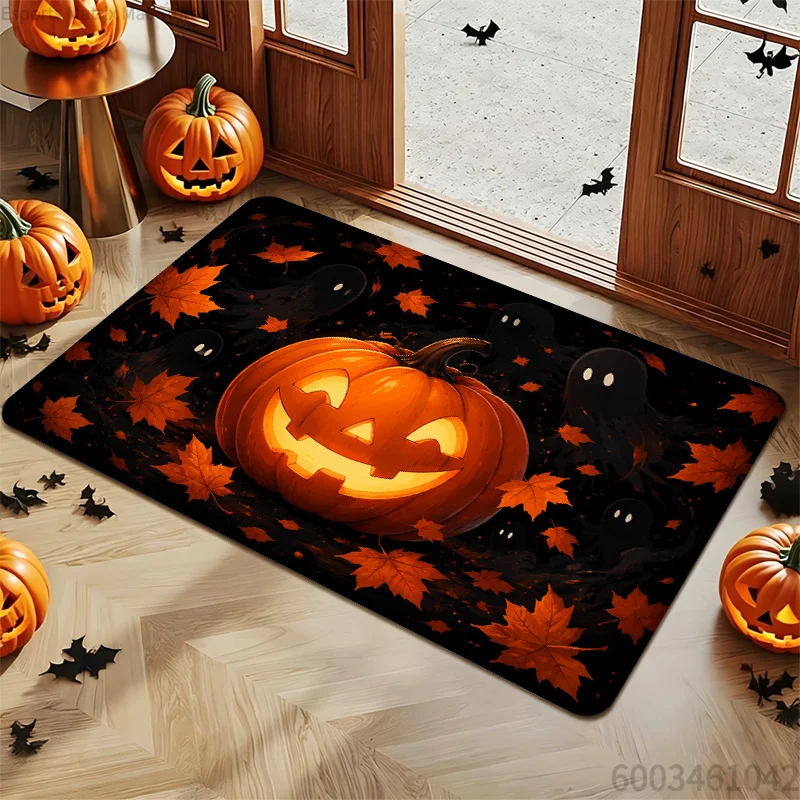 Fun Cartoon Halloween Entrance Rug, Purple Base Pumpkin Bat Ghost Spider Pattern Non‑slip Indoor Doormat