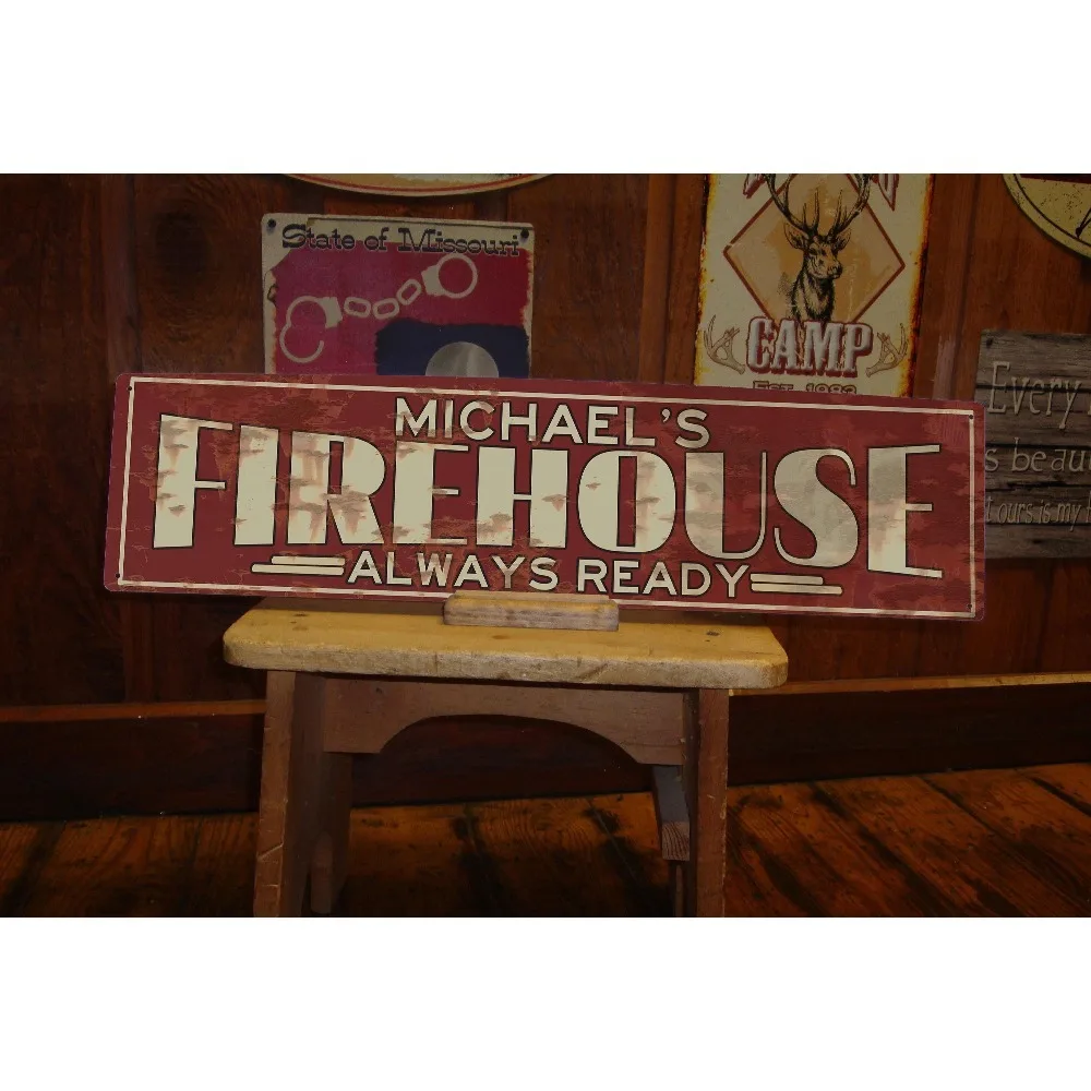 Customizable Firehouse Metal Plaque, Personalized Name Vintage Distressed Wall Sign for Firefighter Man Cave Garage Decor (Decor