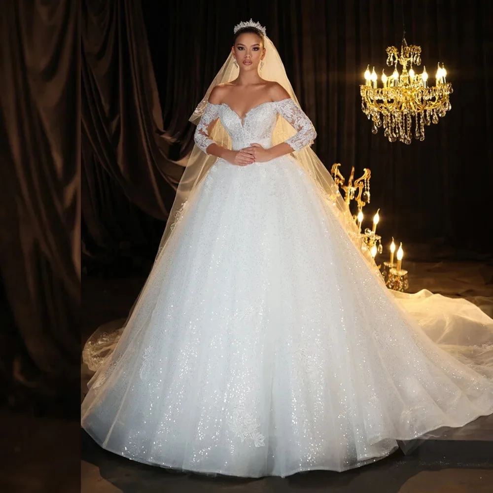 Wedding Dress Off Shoulder Long Sleeve Lace Bridal Gown Sparkly Tulle Ball Gown Custom Made Custom Size Princess Wedding Gown Wi