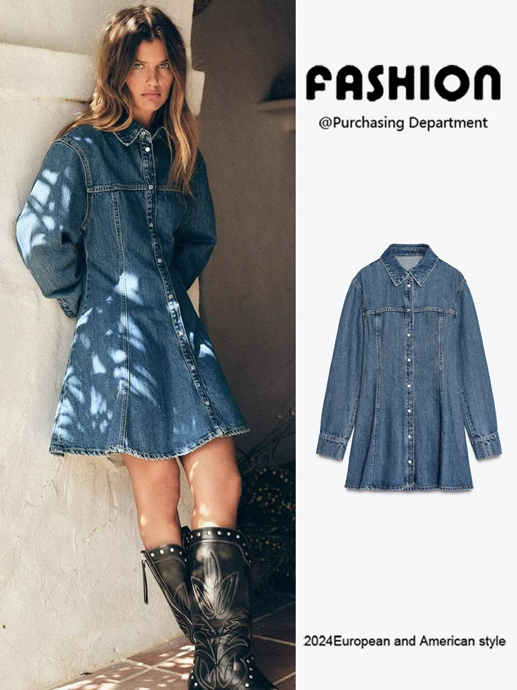 

New Arrival Autumn Comfortable Long Sve Dr ZA2025 Women's Single Button Denim Collar Dr Faionable Casual Wear