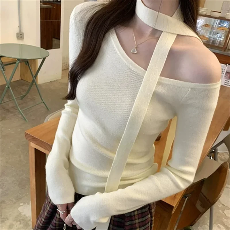 

202, весенне-осенний сексуальный однотонный пуловер с длинными рукавами и вырезом на шее, женский новый корейский тонкий повседневный вязаный топ с шарфом