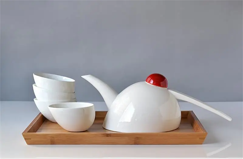 5pcs Set, Designed, Bone China Teapot and Tea Cup Plain White Ceramic Kung Fu Chinese Set Service