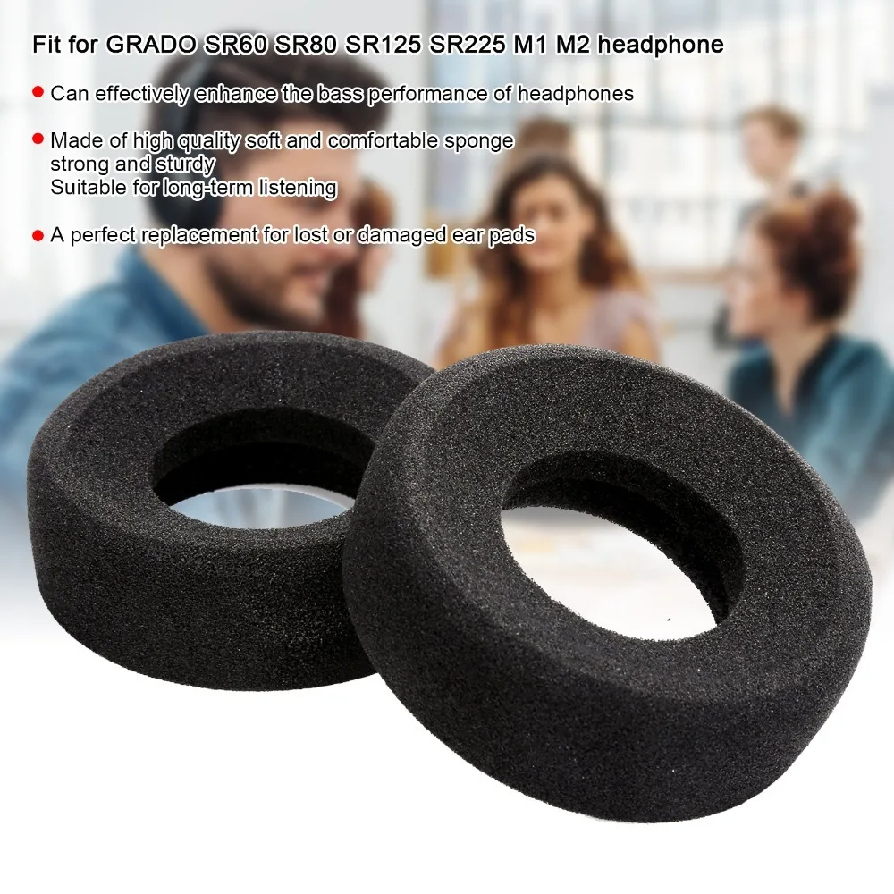 2 Stück 78 x 22 mm Kopfhörer-Ohrpolster aus hartem Schwamm, schwarze Ohrpolsterabdeckung, weich und bequem für GRADO SR60/SR80/SR125/SR225/M1/M2