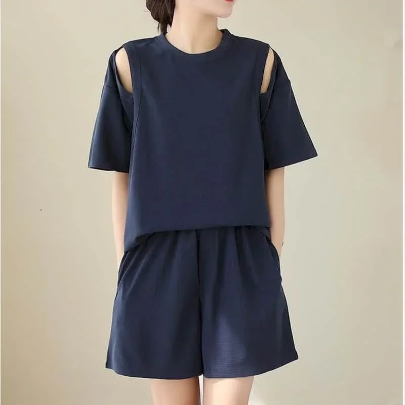 

Pop Artistic Shorts Sets Loose Solid Korean Style Short Sleeve T-shirt And Elastic Waist Shorts Two Piece Sets Casual Women Clot