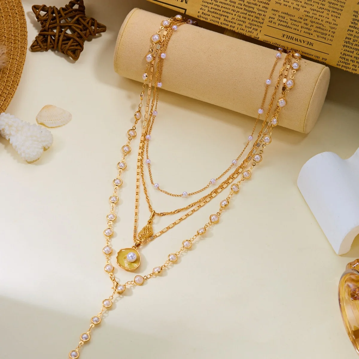 Sommerliche Muschel-Sternfisch-Halskette mit simulierten Perlen, Y-förmig, für Damen und Herren, Boho-Stil, meeresinspiriert, stapelbar, Choker, Schmuck für den Urlaub am Meer – Detail 19