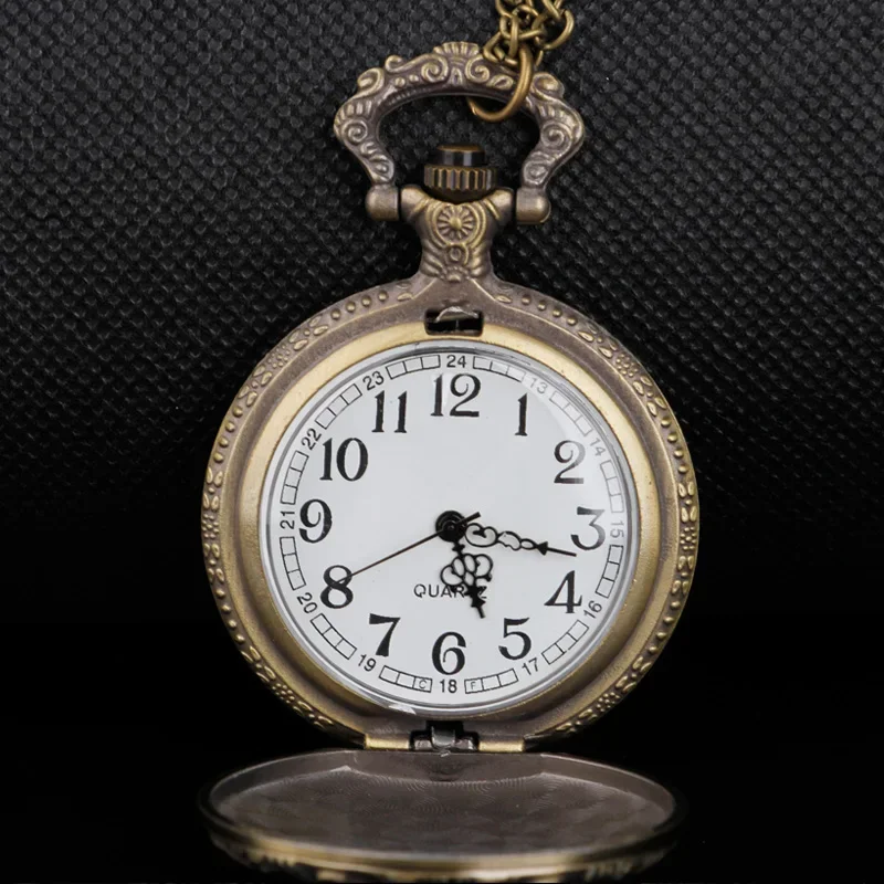 Vintage Horse Pattern Engrave Quartz Pocket Watch Necklace Chain Bronze  Clock Pendant Unisex Gift Half Hunter Steampunk Watches