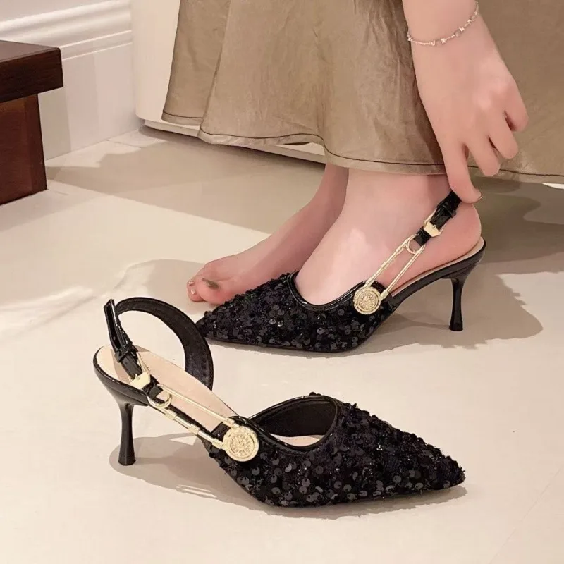

Новые летние женские вечерние туфли-босоножки 2026 с острым носком, на высоком каблуке, с металлическим декором и пайетками