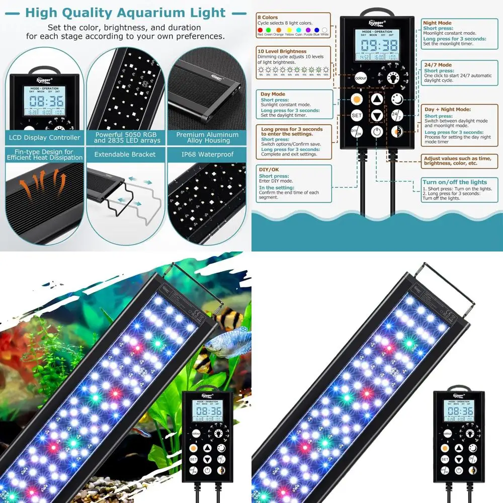 

Светодиодный светильник для аквариума 38 Вт с круглосуточным таймером, водонепроницаемый, полноспектральный, для роста растений, с регулируемой яркостью, для пресноводных аквариумов