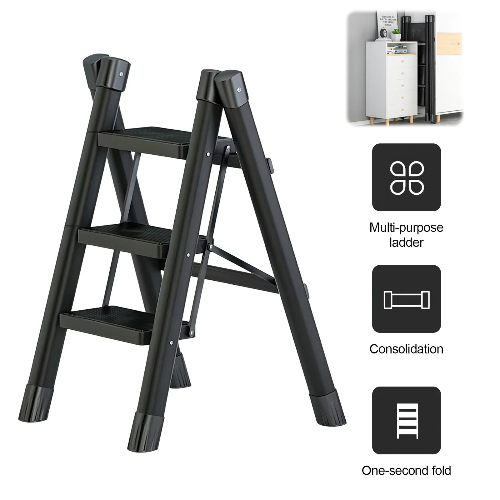 Escalera Plegable Doméstica Reforzada de Acero al Carbono, Capacidad de Carga de 120 kg, Escalera Antideslizante con Pasamanos, Diseño Triangular, Ahorro de Espacio