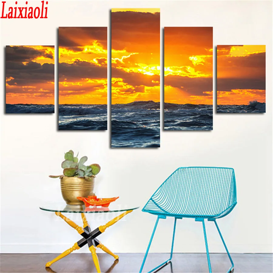 

Beach Seascape Sunset 5 pcs modular Diamond Mosaic Embroidery 5d Diy Diamond Painting sets full Round square Rhinestone Mazayka