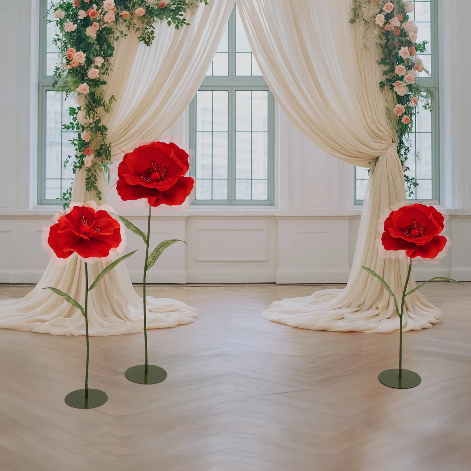 

Modern Freestanding Artificial Red Rose Flowers, 3PCS Handmade Yarn & EVA Foam Flowers with Stand, Elegant Floral Decor for Wedding Ceremony Aisle Party Event