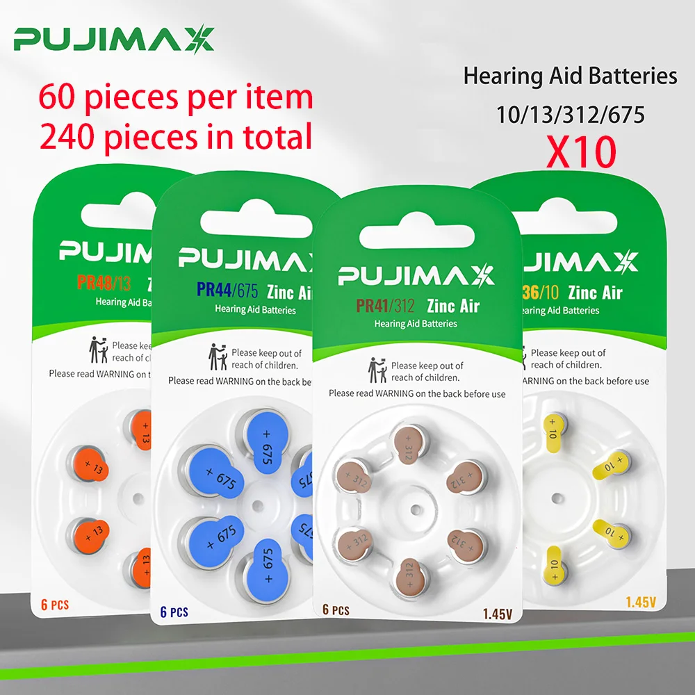 

PUJIMAX 6-60Pcs Hearing Aid Batteries PR48 13 PR41 312 PR536 10 PR44 675 1.45V Zinc Air Button Battery For CIC BTE Hearing Aids